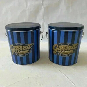 2 Garrett Empty Popcorn Tin Can Blue Stripe 7" Height & 6.5" diameter Souvenir